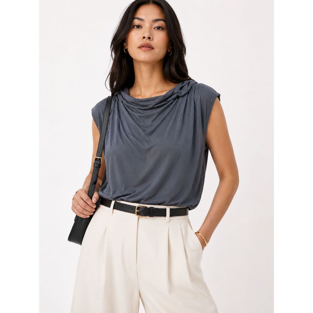 Green Envelope NWT Slate Blue Draped Cowl Neck Top Women's XL Soft Blouse